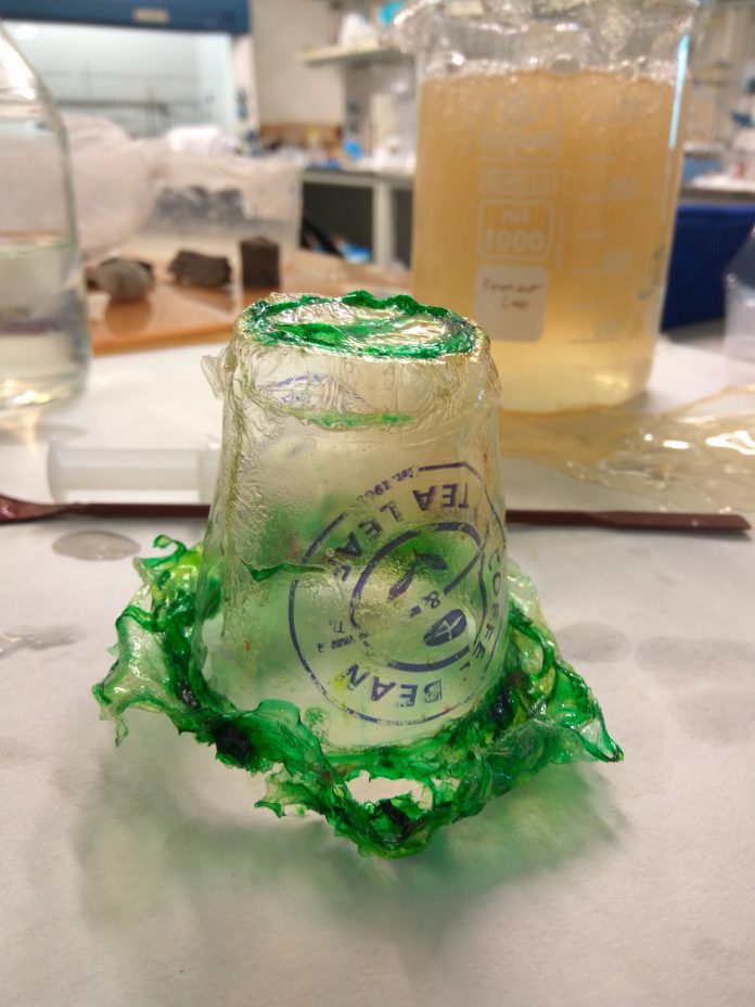 A biological alternative to plastic sample product, made out of green dye and chitosan