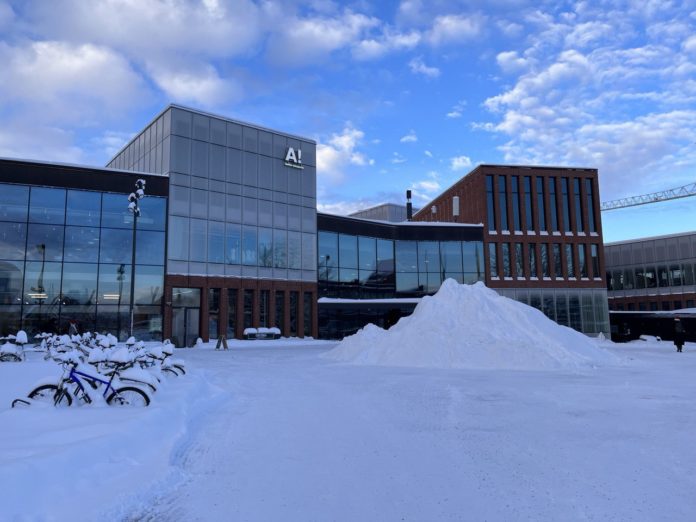 Façade of Aalto University, obstructed by snow