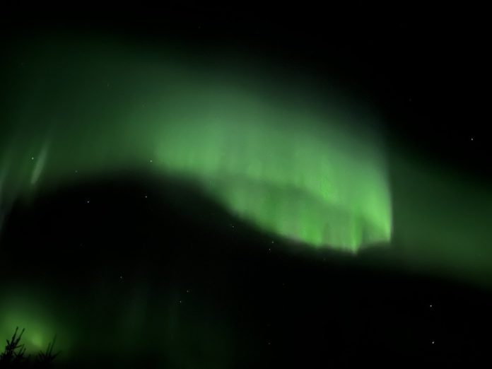 Green northern lights against a black night sky
