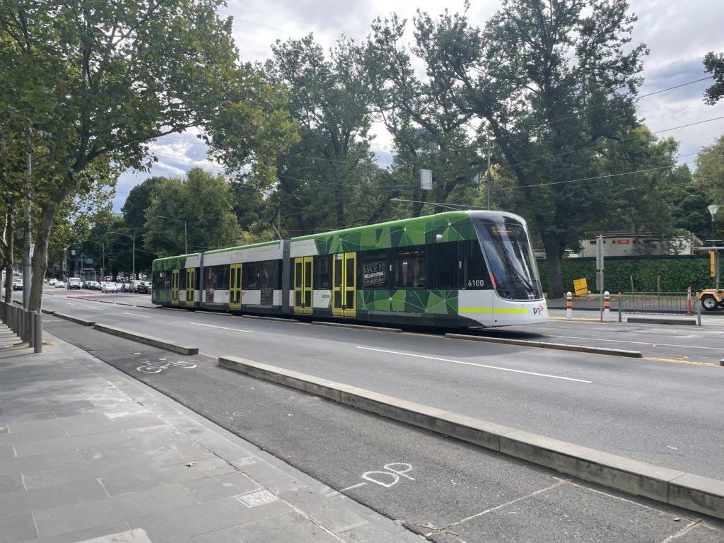 A tram running along La Trobe street