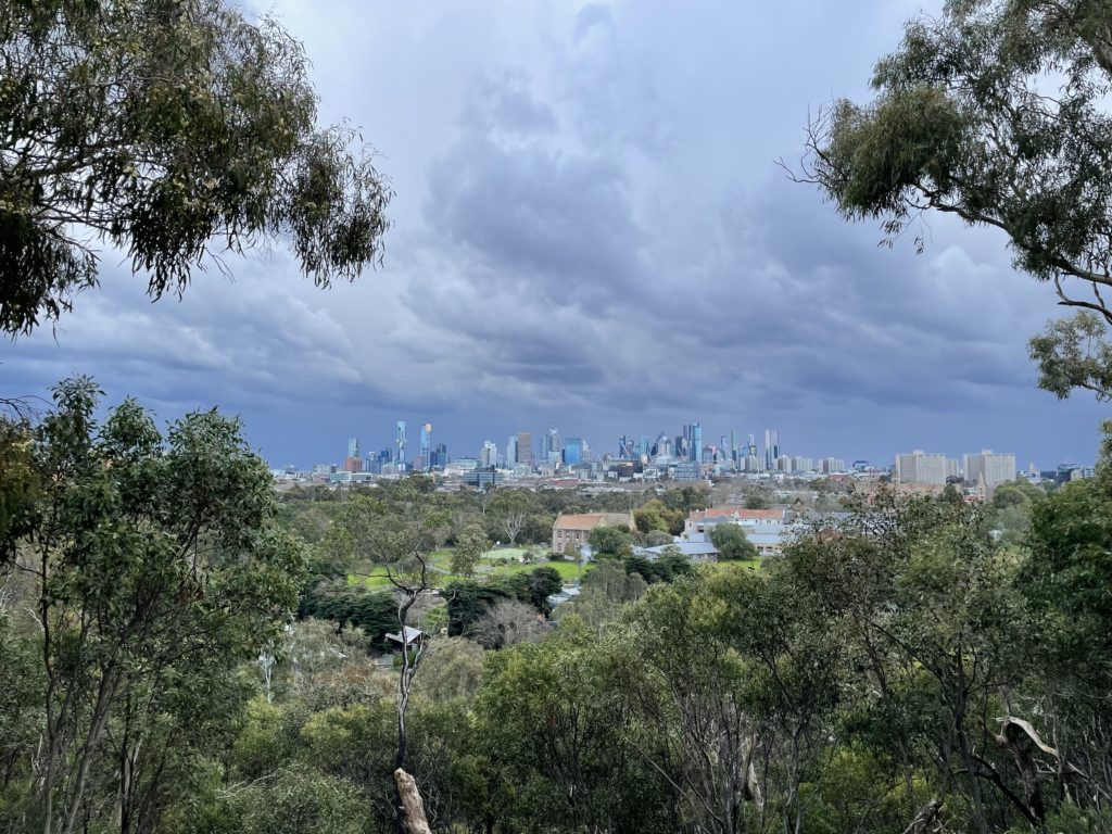 The Melbourne skyline seen from Yarra Bend Park with dominating overcast clouds
