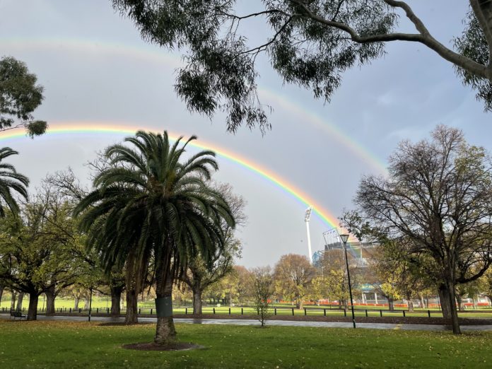 An incredibly vivid double rainbow outside of the Melbourne Cricket Ground