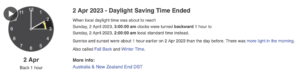 A screenshot from www.timeanddate.com showing the end of Daylight Savings on the 2nd of April 2023